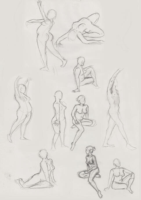 Figure drawings (2-5 minute poses on Newsprint paper with a HB pencil).