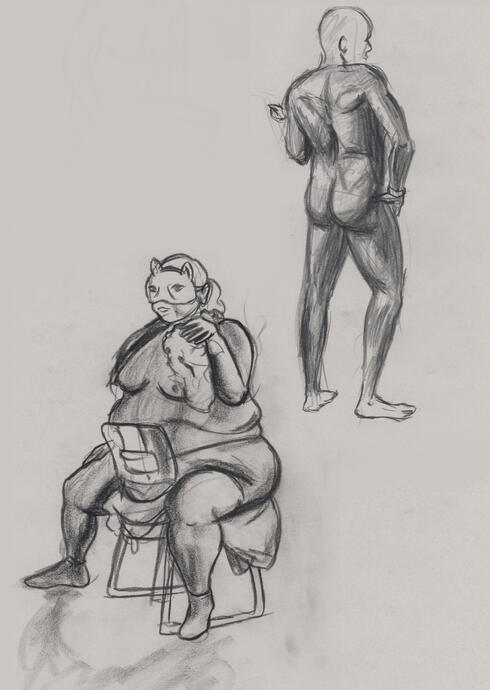 Figure drawings (10-15 minute poses on Newsprint paper with a black Conté)