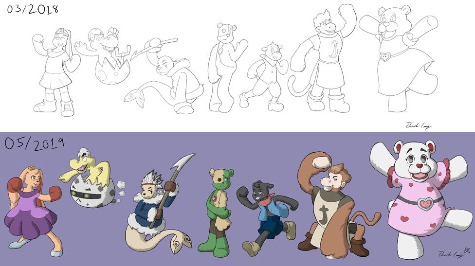 TV show character design exercice for a class. (March 2018 vs. May 2019 lineups).