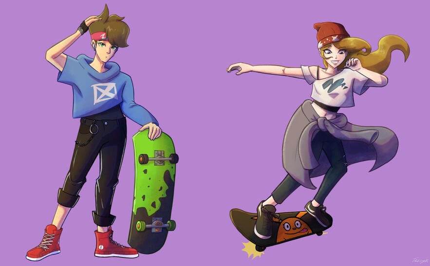Skating OCs. (My OCs in &quot;skateboarding&quot; outfits.