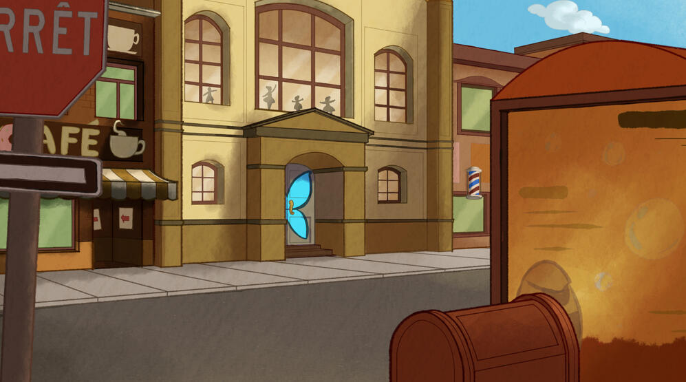 Maquette of &quot;Morpho Bleu&quot;. First background of my student shot film. (Lineart on Harmony Toon Boom and colors on PhotoShop).