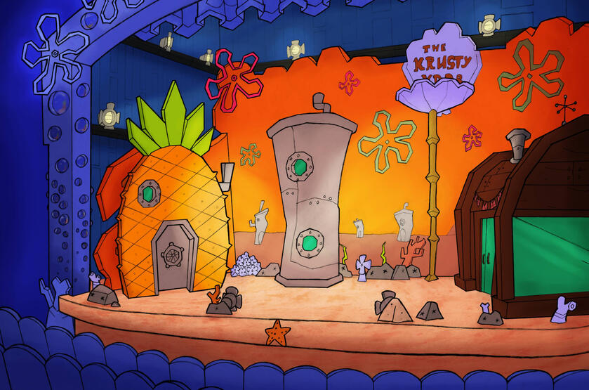 &quot;Spongebob Squarepants: The Musical&quot; UPA stage exercise based on a theme for a class (Traditional line art/colors on Photoshop).